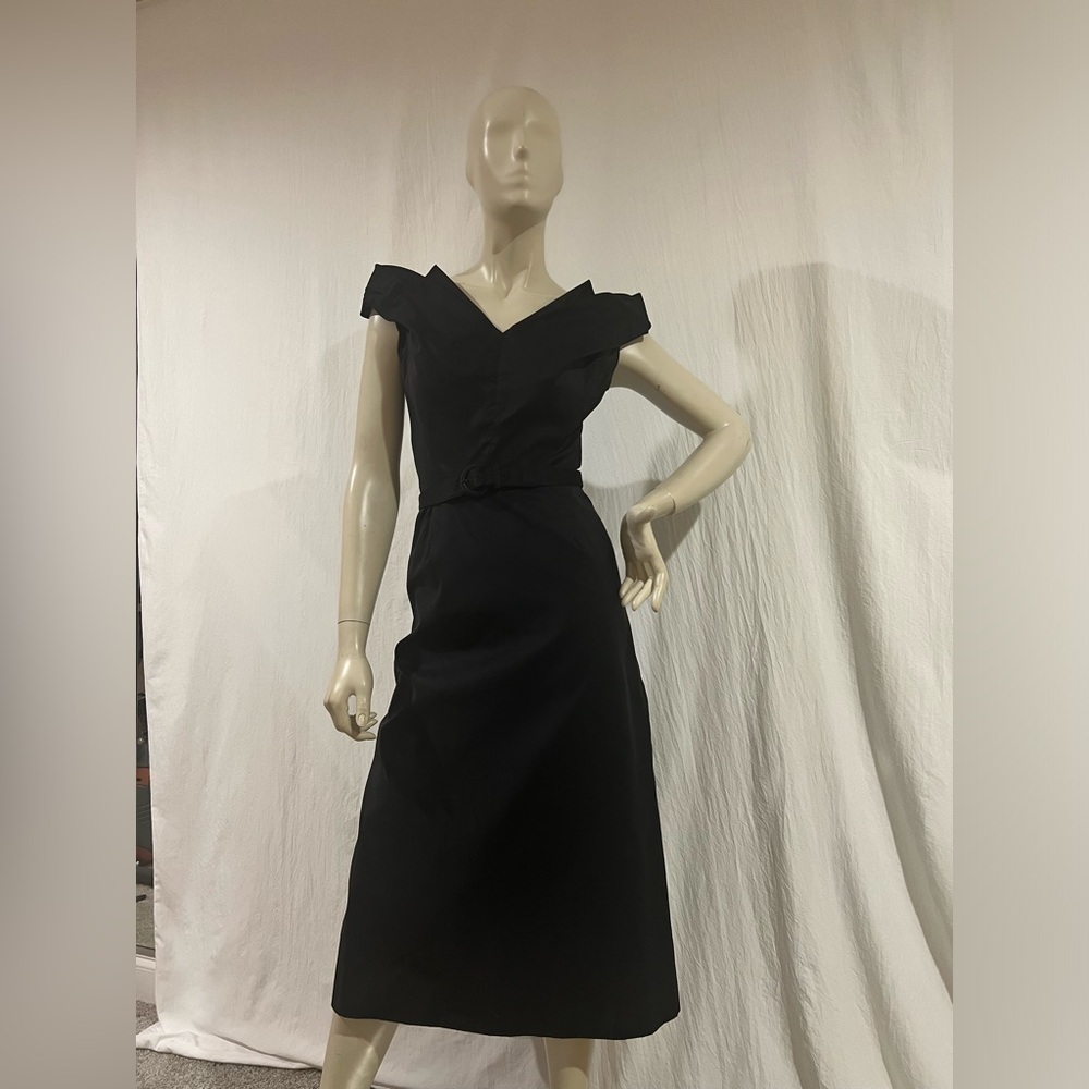 Adele Simpson vintage off the shoulder S black cocktail dress with green tulle.